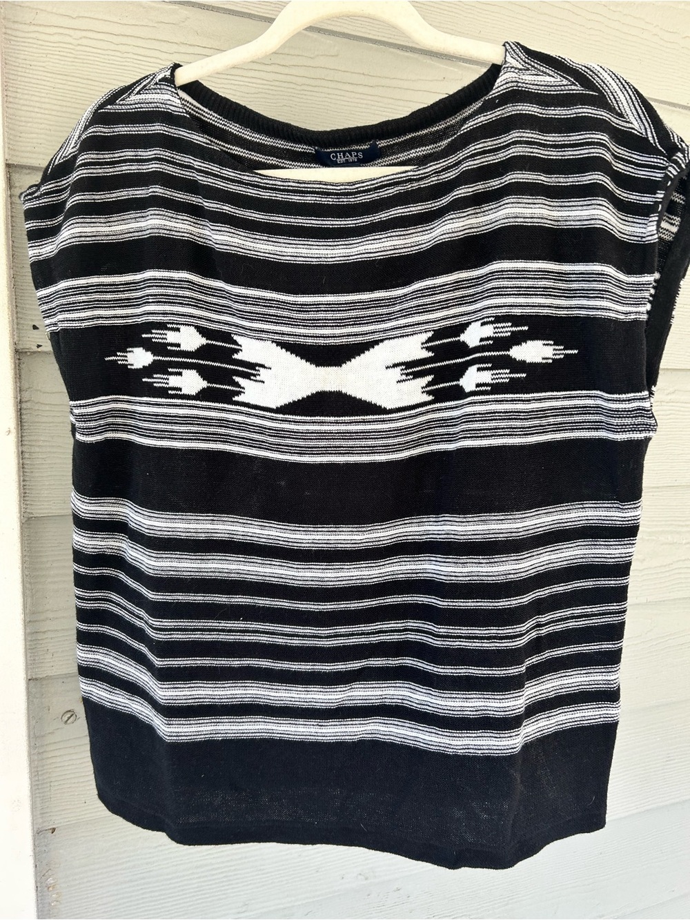 Chaps Women’s L Black White Striped Boat Neck Aztec Linen Top Boho Southwestern